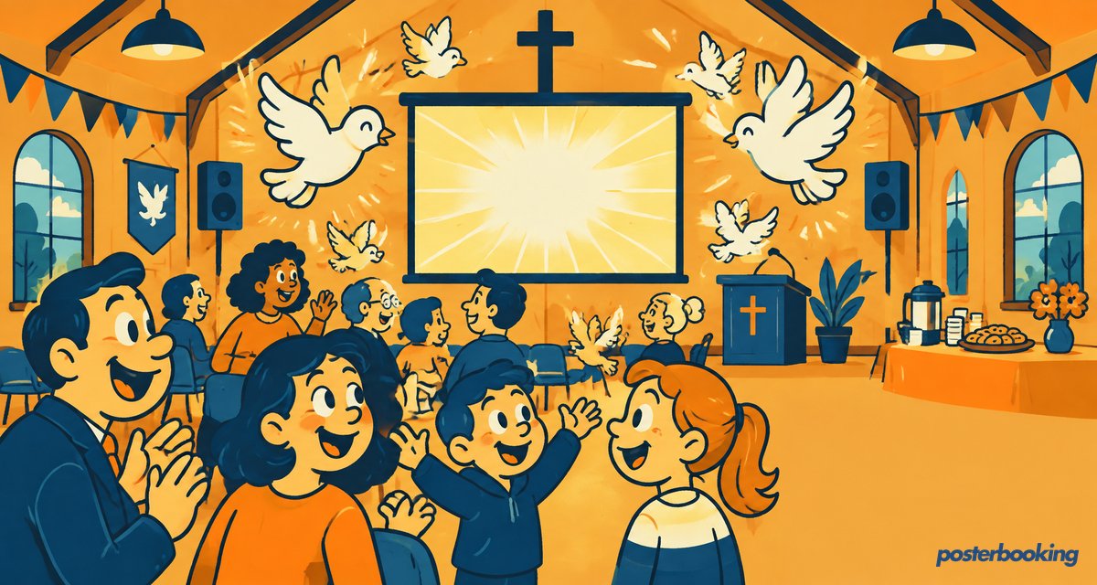 Funny amber cartoon illustration for the article 'Digital Signage for Churches: Importance and Use Cases' on PosterBooking.