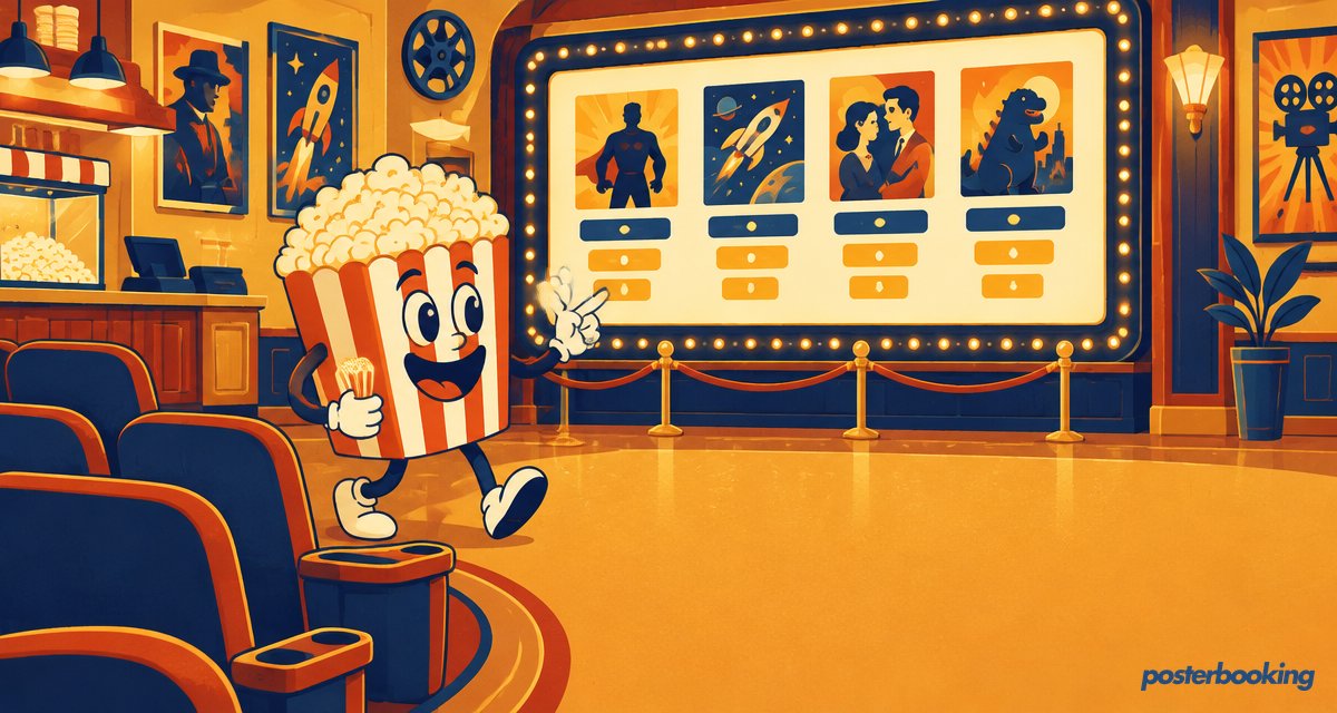 Funny amber cartoon illustration for the article 'How to Use Digital Signage in Cinemas' on PosterBooking.