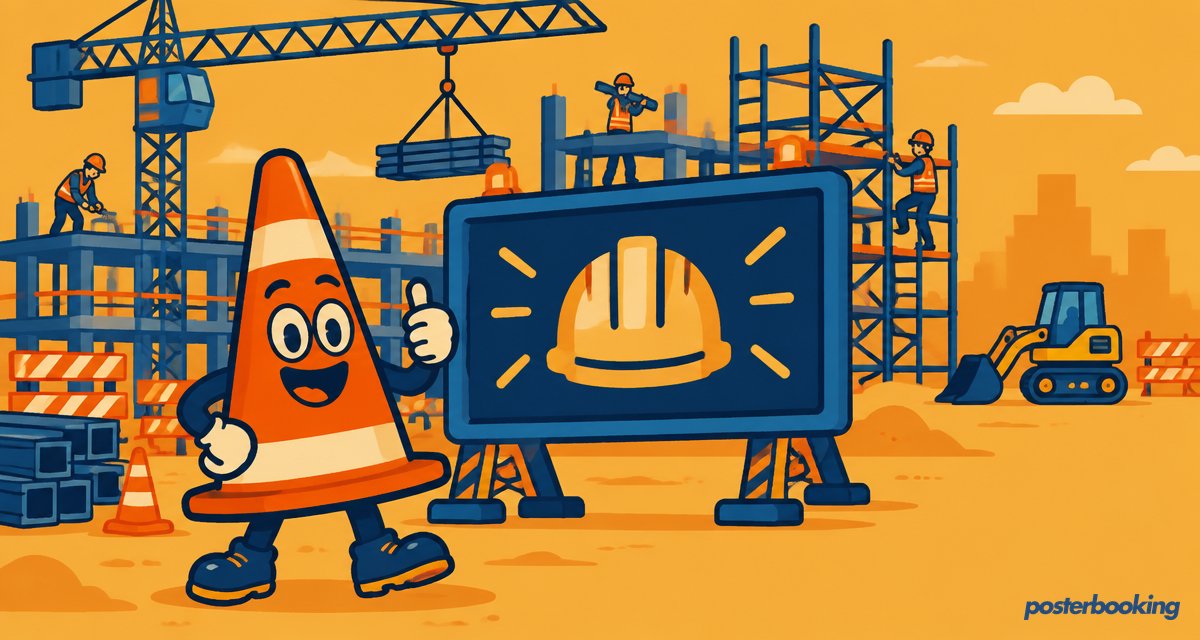 Funny amber cartoon illustration for the article 'Digital Signage Construction: Plan, Permit, Design & Build' on PosterBooking.