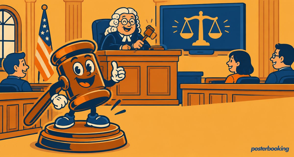 Funny amber cartoon illustration for the article 'Digital Signage for Courtrooms: Importance and Use Cases in 2026' on PosterBooking.