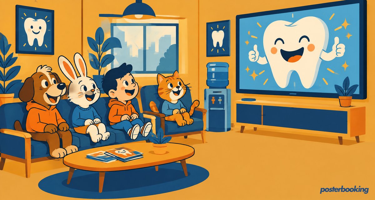 Funny amber cartoon illustration for the article 'Digital Signage for Dentists: Content, Setup & ROI' on PosterBooking.