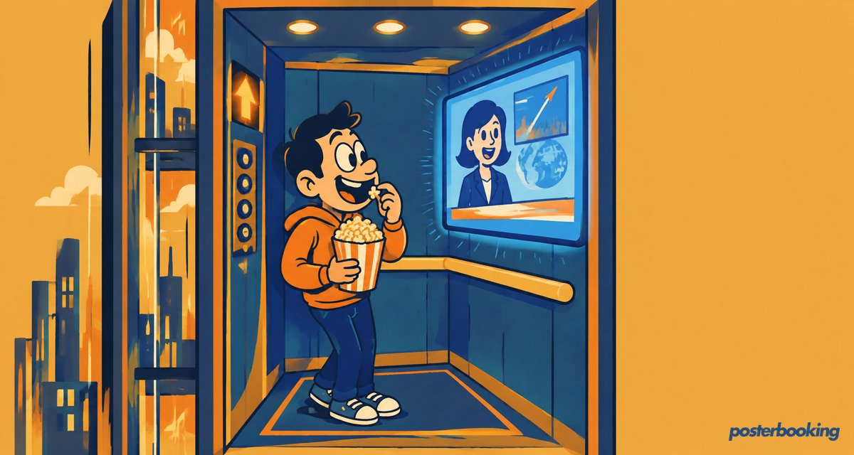 Funny amber cartoon illustration for the article 'Digital Signage for Elevators: Importance and Use Cases in 2026' on PosterBooking.