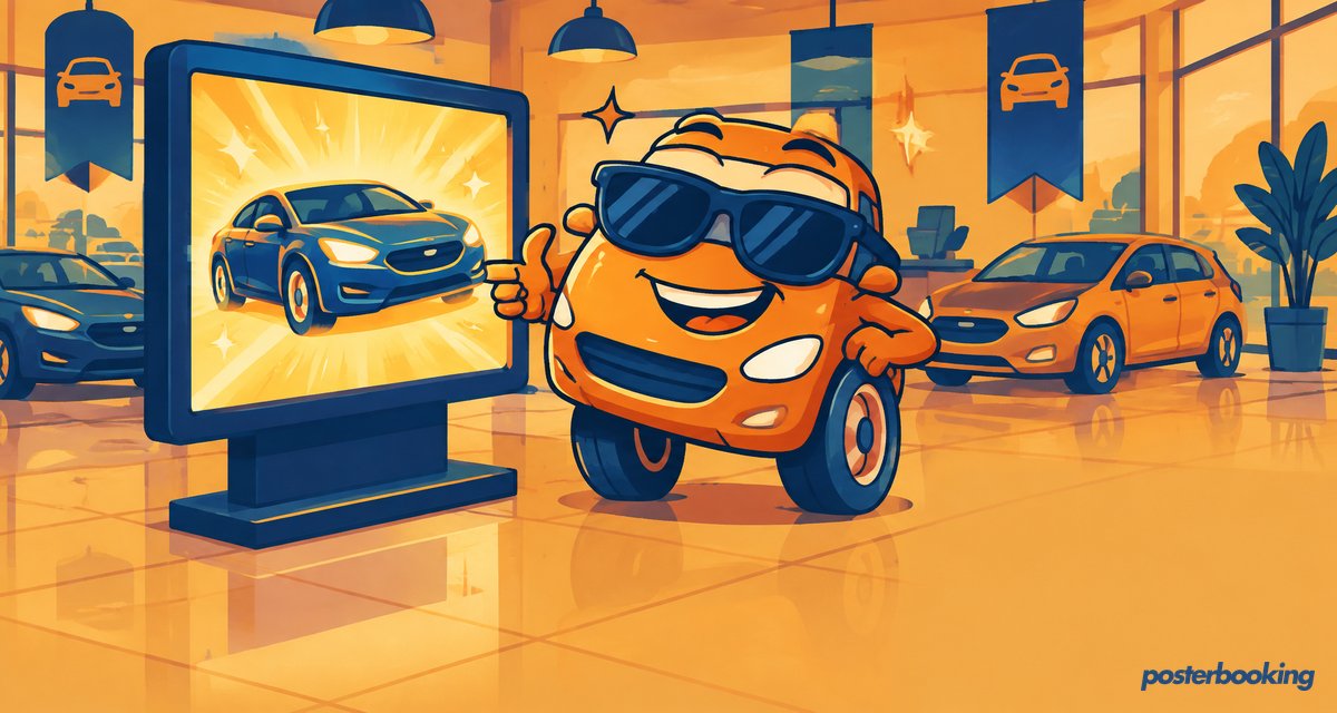 Funny amber cartoon illustration for the article 'Digital Signage for Car Dealerships: Importance and Use Cases' on PosterBooking.