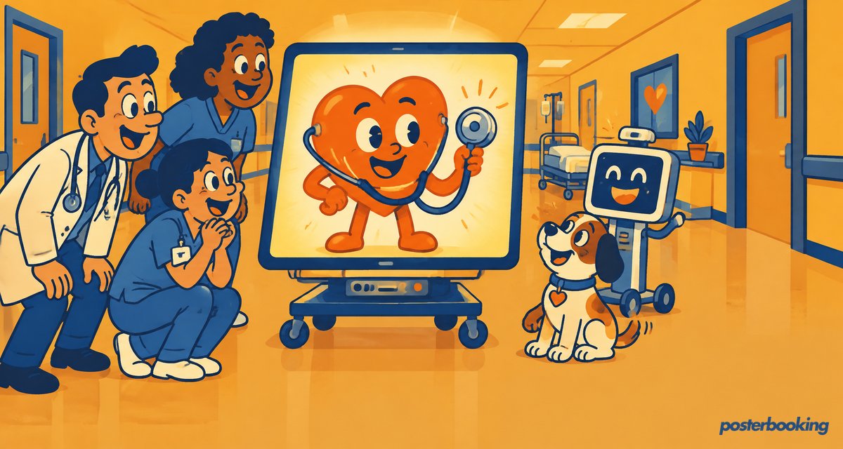 Funny amber cartoon illustration for the article 'Digital Signage for Healthcare Industries: Importance and Use Cases' on PosterBooking.
