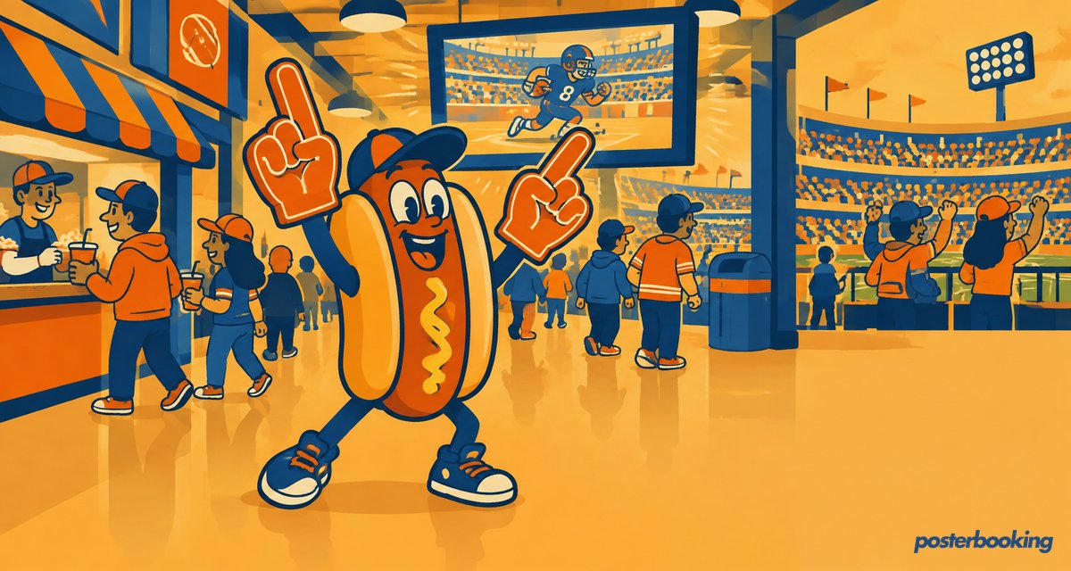 Funny amber cartoon illustration for the article 'Top 10 Largest Stadiums in the World (2026)' on PosterBooking.