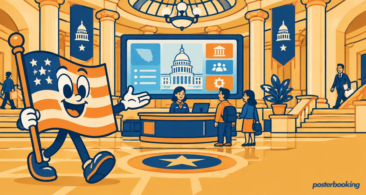 Funny amber cartoon illustration for the article 'Digital Signage for Government' on PosterBooking.