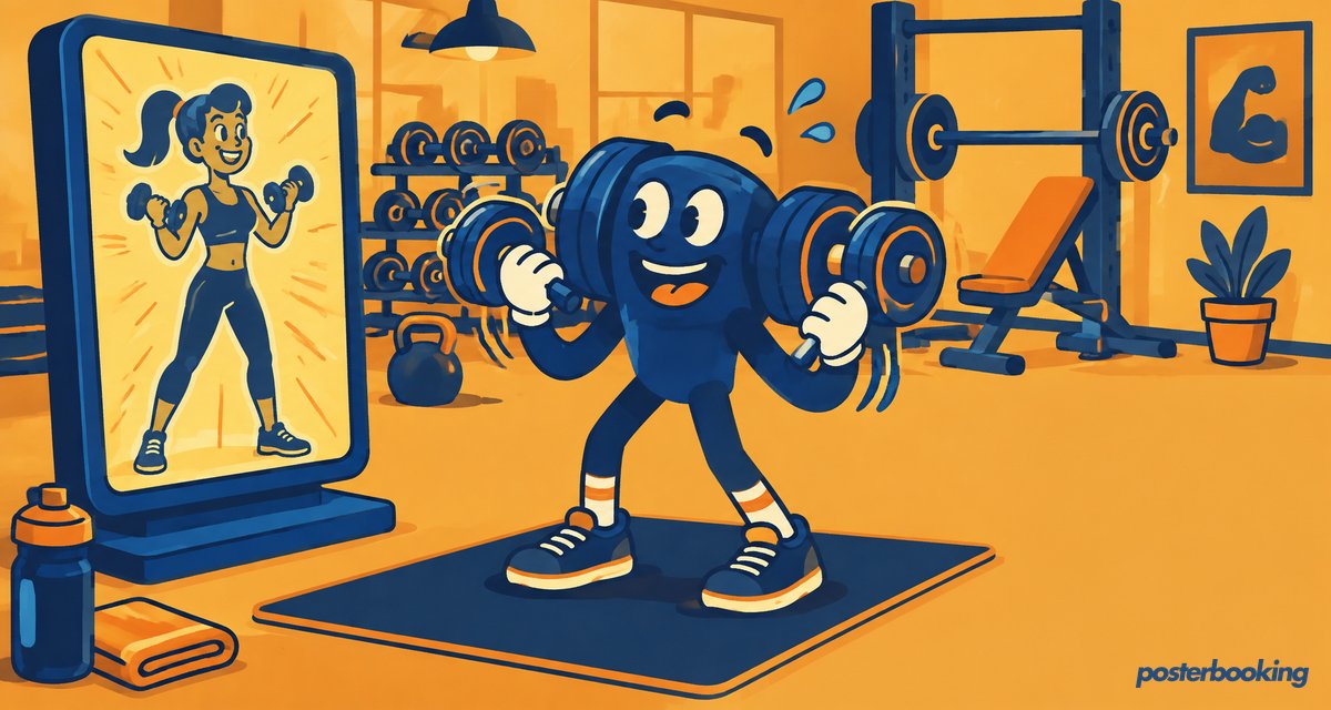 Funny amber cartoon illustration for the article 'Digital Signage for Gyms' on PosterBooking.
