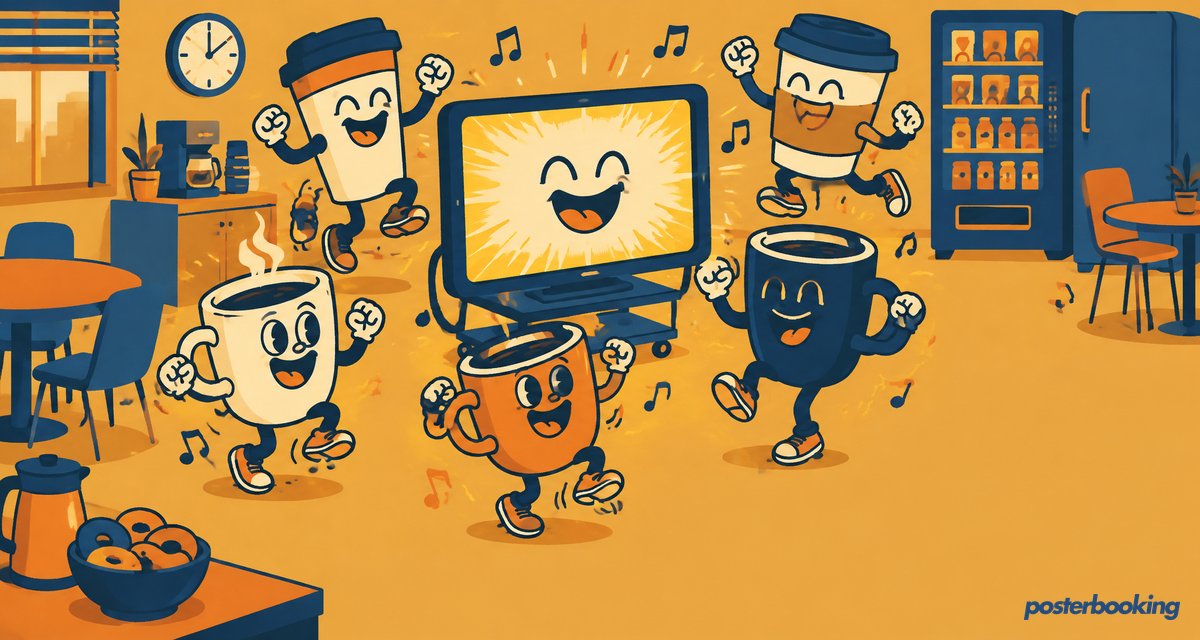 Funny amber cartoon illustration for the article 'Digital Signage for Office Comms' on PosterBooking.