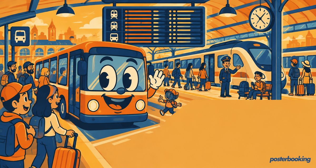 Funny amber cartoon illustration for the article 'Digital Signage for Transportation' on PosterBooking.