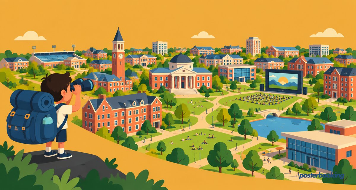Funny amber cartoon illustration for the article 'Top 10 Biggest Universities in the World (2026)' on PosterBooking
