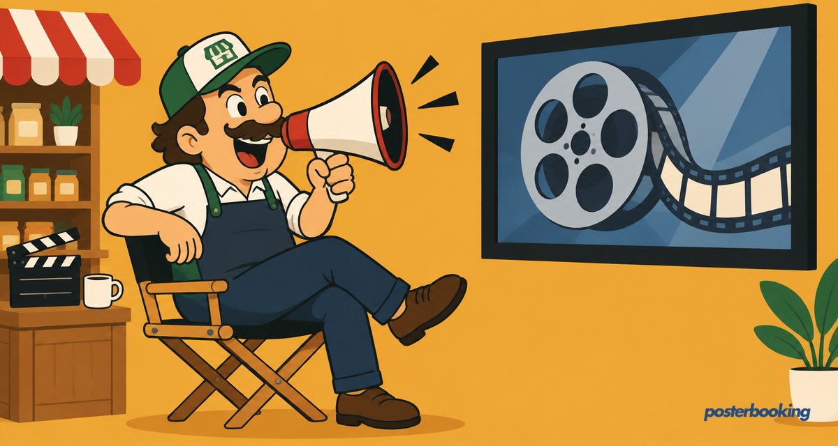 Funny amber cartoon illustration for the article 'Video Signage 101: The Complete Beginner’s Guide (2026)' on PosterBooking