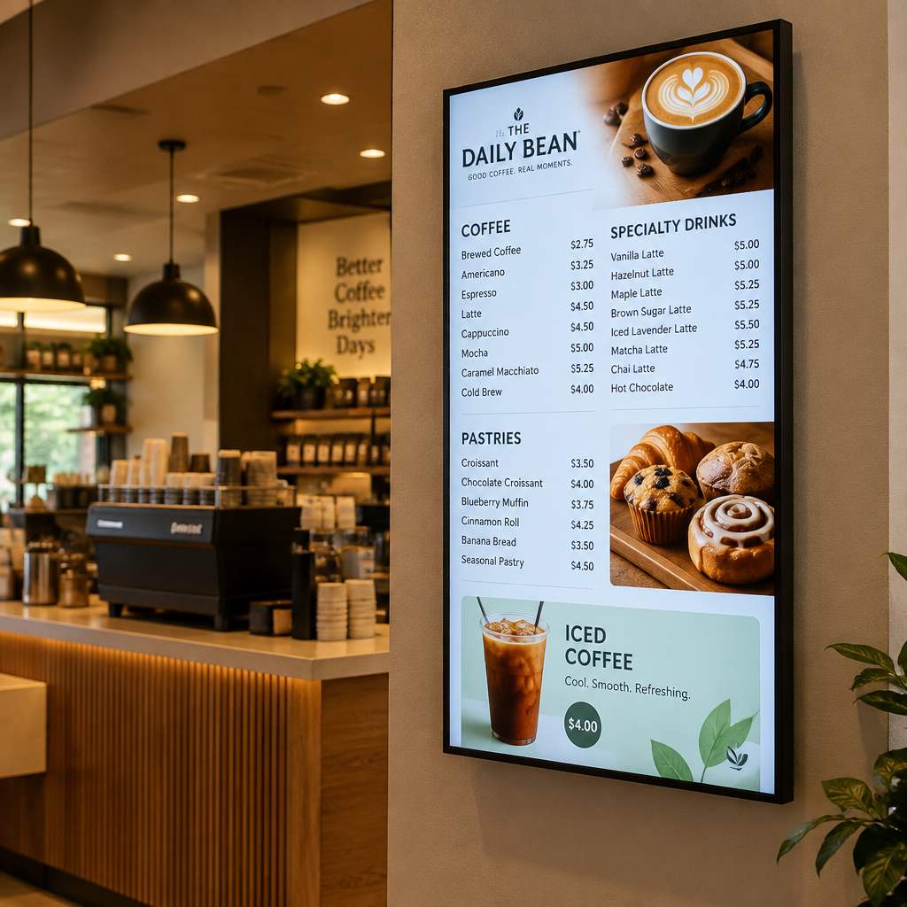 Amazon Signage Display mounted in portrait in a coffee shop showing a digital menu board