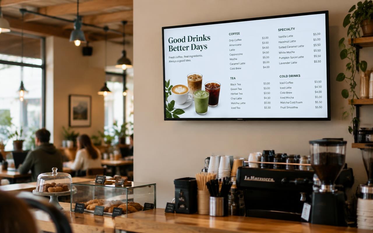 A coffee shop using PosterBooking on a single digital menu board screen