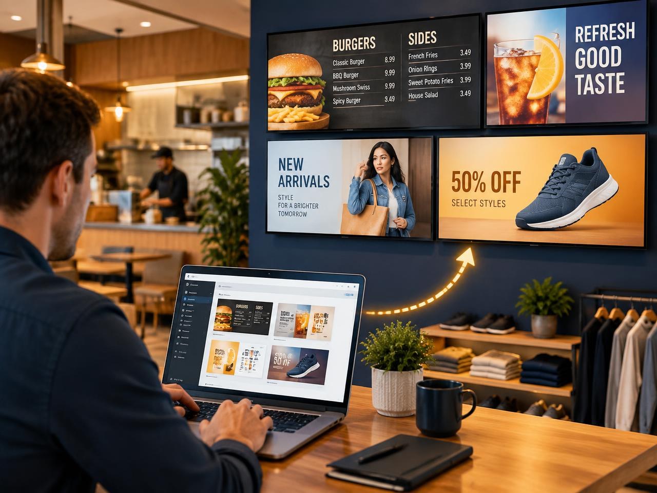 Digital signage screens being updated from a laptop running the PosterBooking dashboard