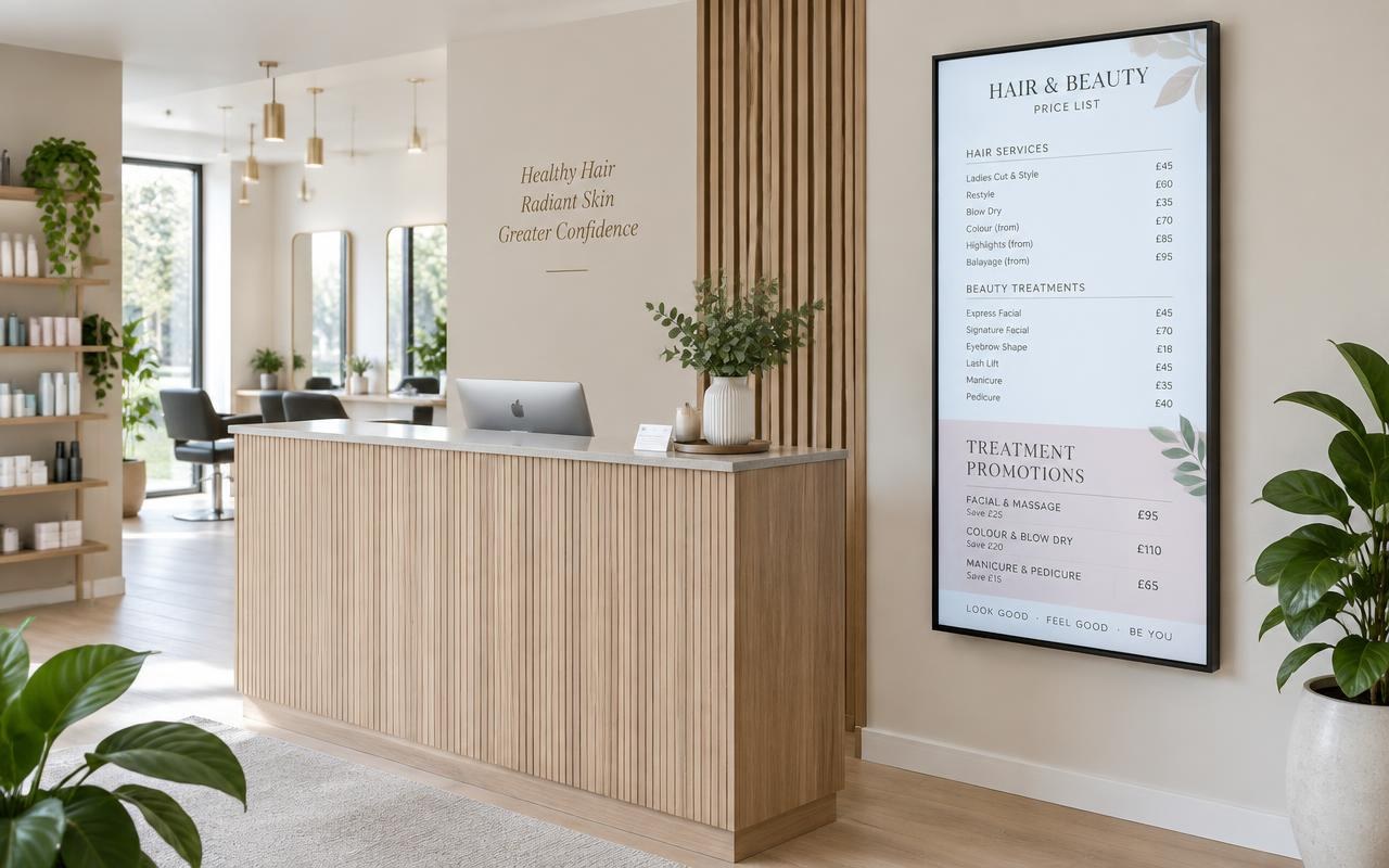 A hair and beauty salon using one portrait digital screen for its price list