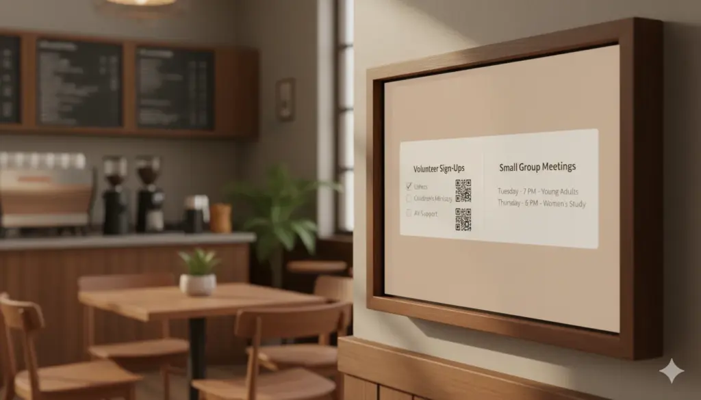 Horizontal digital signage screen showing worship lyrics and countdown before service.